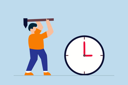 Time management, businessman manager or office worker using hammer to break the clock to manage time for projects deadline.のイラスト素材