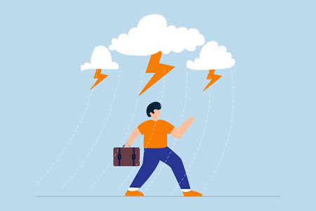 Business problem,  depressed businessman walking with cloudy thunderstorm and rainy around his faceのイラスト素材