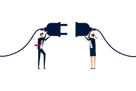 Business partnership, teamwork collaboration. office people holding electric plug to connecting business.のイラスト素材
