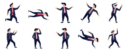 Set of Businessman or office vector characters in various poses. Cartoon young employee businessman character workingのイラスト素材