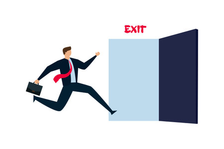 Quit routine job, businessman worker in suit running in hurry to emergency door with the sign exit.のイラスト素材