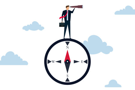 Business direction with leadership visionary, smart businessman leader using telescope look for the way forward strategy.のイラスト素材