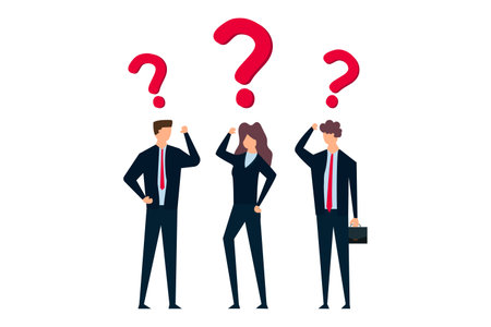 Confused business team finding  solution to solve problem, businessman and woman team thinking with question mark symbol.のイラスト素材