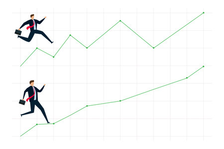 work successful ladder, businessman walking up stairs graph, one with smooth rising up and other on volatile path.のイラスト素材