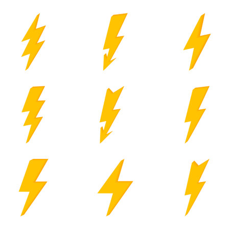 Lightning set. Flat Yellow Lightning or Thunderbolt Collectionのイラスト素材