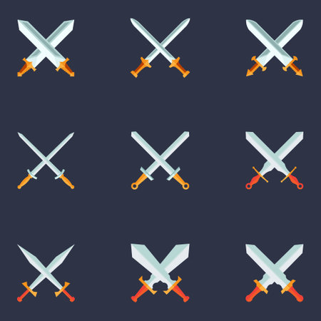 Swords Set. Collection of Crossed Knight Sword Ancient Weapon Cartoon Designのイラスト素材