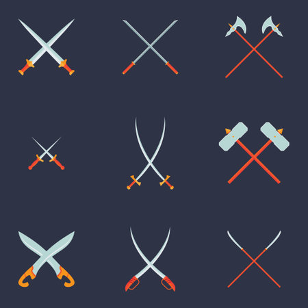 Swords Set. Collection of Crossed Knight Sword Ancient Weapon Cartoon Designのイラスト素材