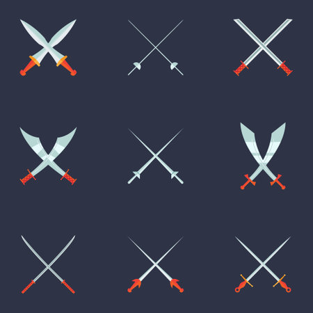 Swords Set. Collection of Crossed Knight Sword Ancient Weapon Cartoon Designのイラスト素材