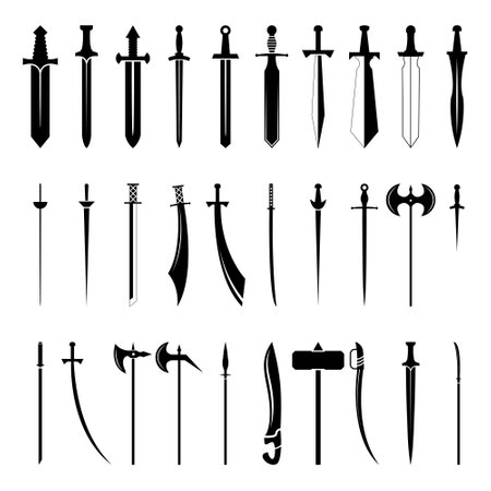 Medieval weapons silhouettes vector illustration set. Medieval weapons, swords and daggers isolated on white backgroundのイラスト素材