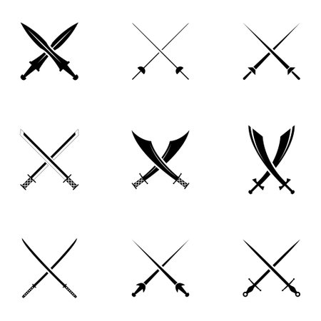 Swords Set. Collection of Crossed Knight Sword Ancient Weapon silhouettes Designのイラスト素材
