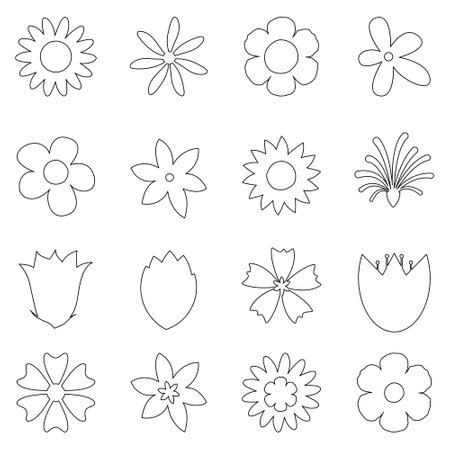 Outline Flower collection. Spring art prints with botanical elements. Happy Easter. Folk style. Poster for spring holiday.のイラスト素材