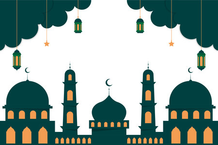 islamic greetings card design background good for ramadan kareem and eid al fitr with mosque, hanging lanterns, star, and moon.のイラスト素材