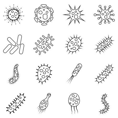 set of bacteria and virus vector illustration in outline style. Disease-causing bacterias, viruses and microbes.のイラスト素材
