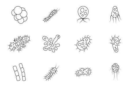 set of bacteria and virus vector illustration in outline style. Disease-causing bacterias, viruses and microbes.のイラスト素材