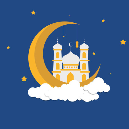 Flat Islamic Background design template for ramadan, eid alfitr, isra miâraj, and islamic new year with mosque, Lantern, moon, and star.のイラスト素材