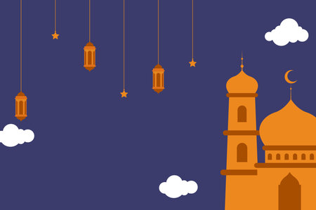 Flat Islamic Background design template for ramadan, eid alfitr, isra miâraj, and islamic new year with mosque, Lantern, moon, and star.のイラスト素材