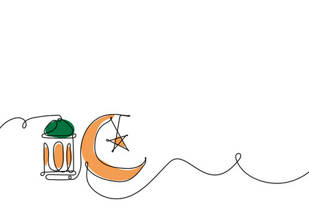 Continuous Line Islamic Background design template for ramadan, eid alfitr, isra miâraj, and islamic new year with Lantern, moon, and star.のイラスト素材