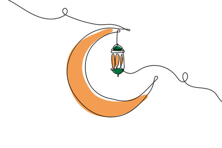 Continuous Line Islamic Background design template for ramadan, eid alfitr, isra miâraj, and islamic new year with Lantern, and moonのイラスト素材
