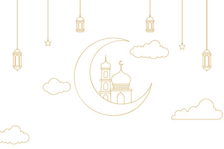 Outline Islamic Background design template for ramadan, eid alfitr, isra miâraj, and islamic new year with mosque, Lantern, moon, and star.のイラスト素材