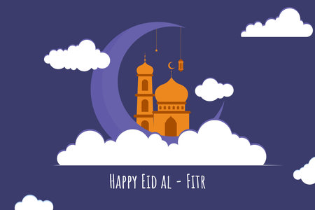 Flat Islamic Background design template for ramadan, eid alfitr, isra miâraj, and islamic new year with mosque, Lantern, moon, and star.のイラスト素材