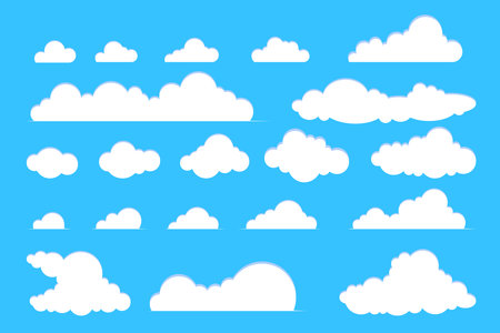 Vector Collection of Flat White Clouds of Different Shapes and Sizes. Cloud symbol for design, website, logo, app, UIのイラスト素材