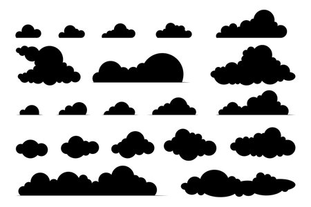 Vector Collection of Black Clouds of Different Shapes and Sizes. Cloud symbol for design, website, logo, app, UIのイラスト素材
