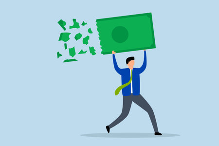 Lose money investment in financial crisis, Businessman holding large dollar banknote money as it deteriorates, crumbles, and loses value.のイラスト素材