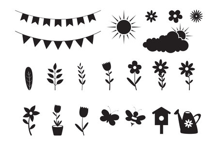 spring set with bees, butterflies, flower, branches, and leaves. Hand drawn black elements.のイラスト素材