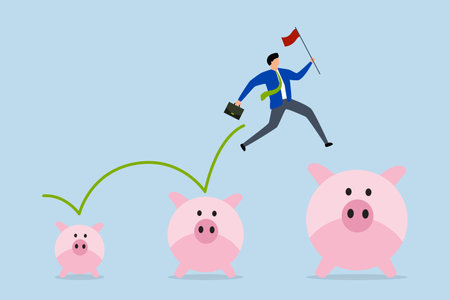 Investment and savings growth, businessman jumps from small savings bank to bigger profit to achieve financial goal.のイラスト素材