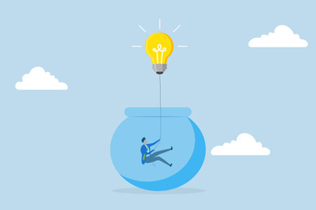 Innovation to solve business problem, businessman climbs string from light bulb with an idea to escape from prison fish bowl.のイラスト素材