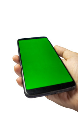 Man hand holding the smartphone with blank screen isolated on white backgroundの写真素材