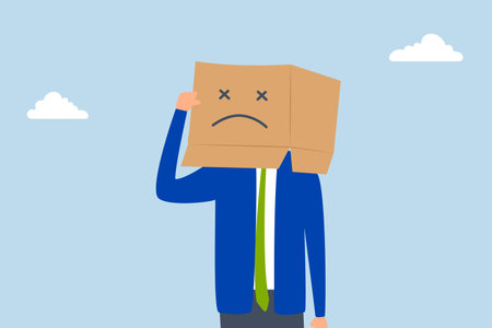 Unsatisfied customer, Unhappy man in a cardboard box with a sad expression, feeling frustrated.のイラスト素材