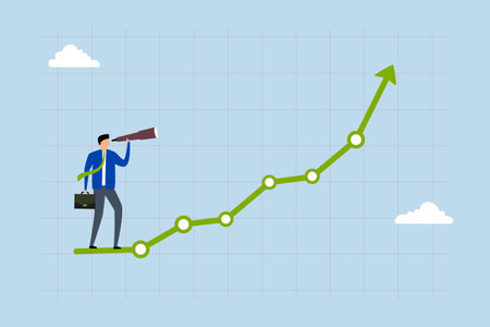 Investment upside potential, Businessman gazes through telescope to observe investment graph ascending.のイラスト素材