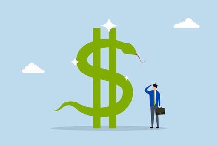 Financial risk, Entrepreneurial investor examining a large snake-shaped dollar sign and contemplating with caution.のイラスト素材