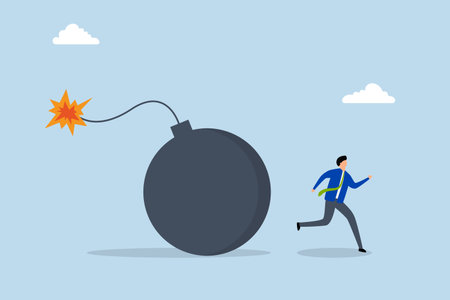 interest rate causing economic recession, Businessman investor fleeing from exploding growth rate bomb.のイラスト素材