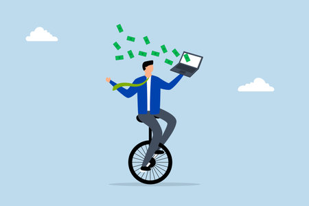Make money online, businessman uses his expertise to ride a unicycle and make money using his computer laptop.のイラスト素材
