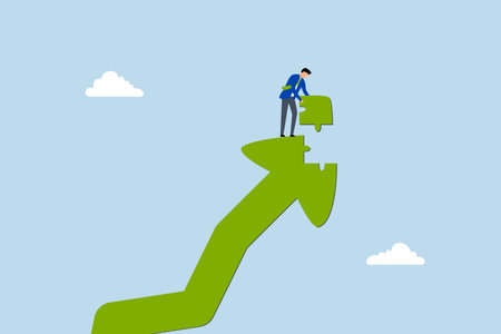 Growth strategy, clever entrepreneur placed final piece of jigsaw puzzle to finish upward arrow metaphor representing growth.のイラスト素材