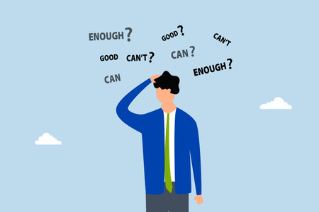 Self doubt, self doubt entrepreneur contemplating whether he can succeed or not.のイラスト素材
