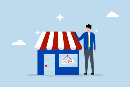 Business owner start small business, entrepreneur standing proudly with his newly launched businessのイラスト素材