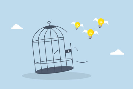 soaring light bulb concept escape from human mind birdcage.のイラスト素材