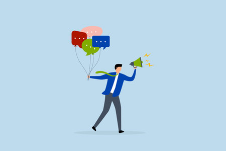 Communication or PR, entrepreneur grasping speech bubble balloons as he addresses with a megaphone.のイラスト素材