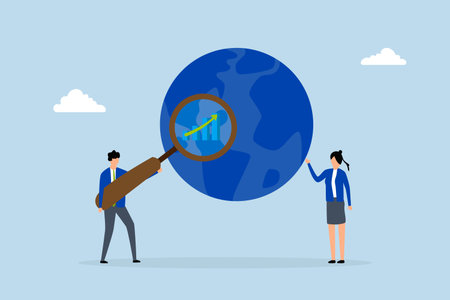 World economic analysis, entrepreneur using magnifying glass on globe alongside chart and graph.のイラスト素材