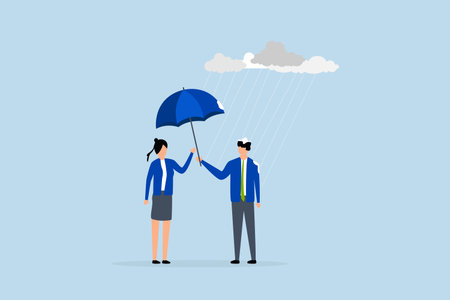 considerate entrepreneur provides an umbrella to shield a woman.のイラスト素材