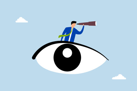 Business vision, businessman gazes through binoculars from his large eye.のイラスト素材