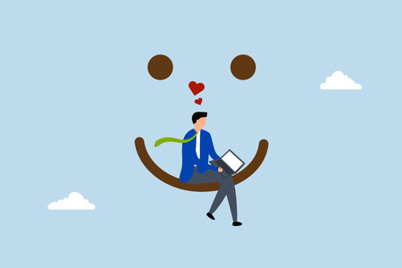 Work happiness, Joyful entrepreneur using a laptop with a smiling expression and a charming heart symbolizing happiness and delight.のイラスト素材
