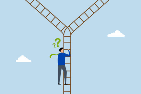 Decision making, Perplexed entrepreneur ascends ladder and discovers intersection to choose a path.のイラスト素材