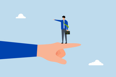 Employee conflict direction, small entrepreneur perched on enormous hand gesturing in the opposite way.のイラスト素材