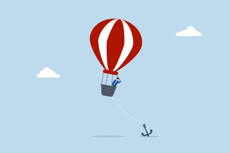 Problem or trouble to prevent business to grow up, exasperated entrepreneur gazes at the heavy anchor holding down his balloon to stop it from ascending.のイラスト素材