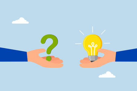 Question and answer, entrepreneur hand grasping a question mark while other is responding with lightbulb.のイラスト素材