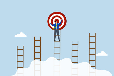 Ladder of success to reach goal or target, businessman climb up the right ladder to reach goalのイラスト素材